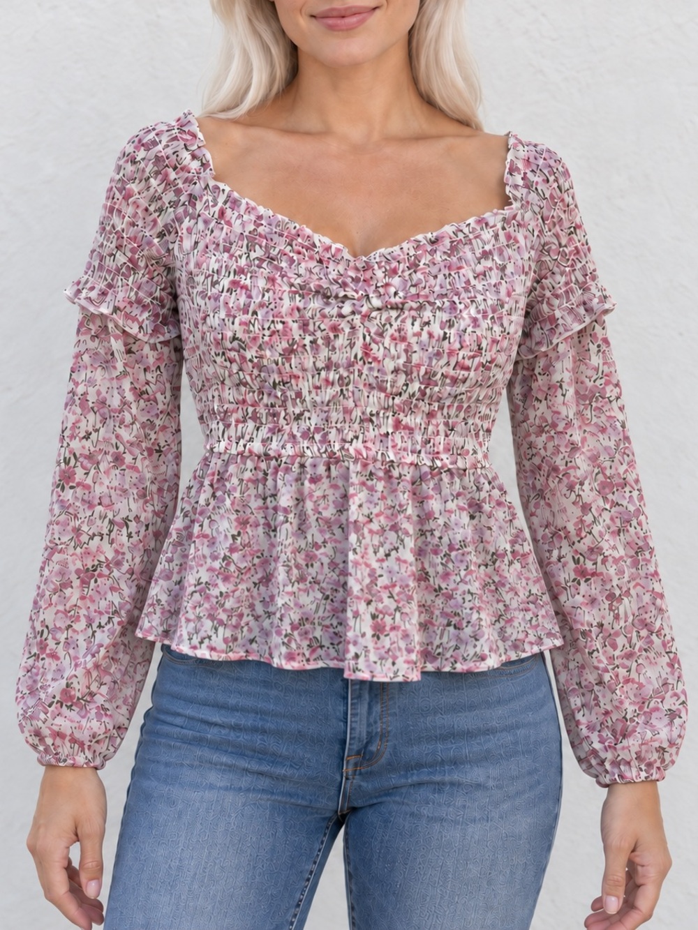 Mi Ami Pink Floral Smocked Peplum Blouse Sweetheart Neck Long Sleeve Ruffle Top